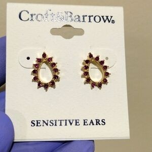 CROFT & BARROW, Women's Polished Gold-tone Hoop Pink Crystals  Stud Earrings